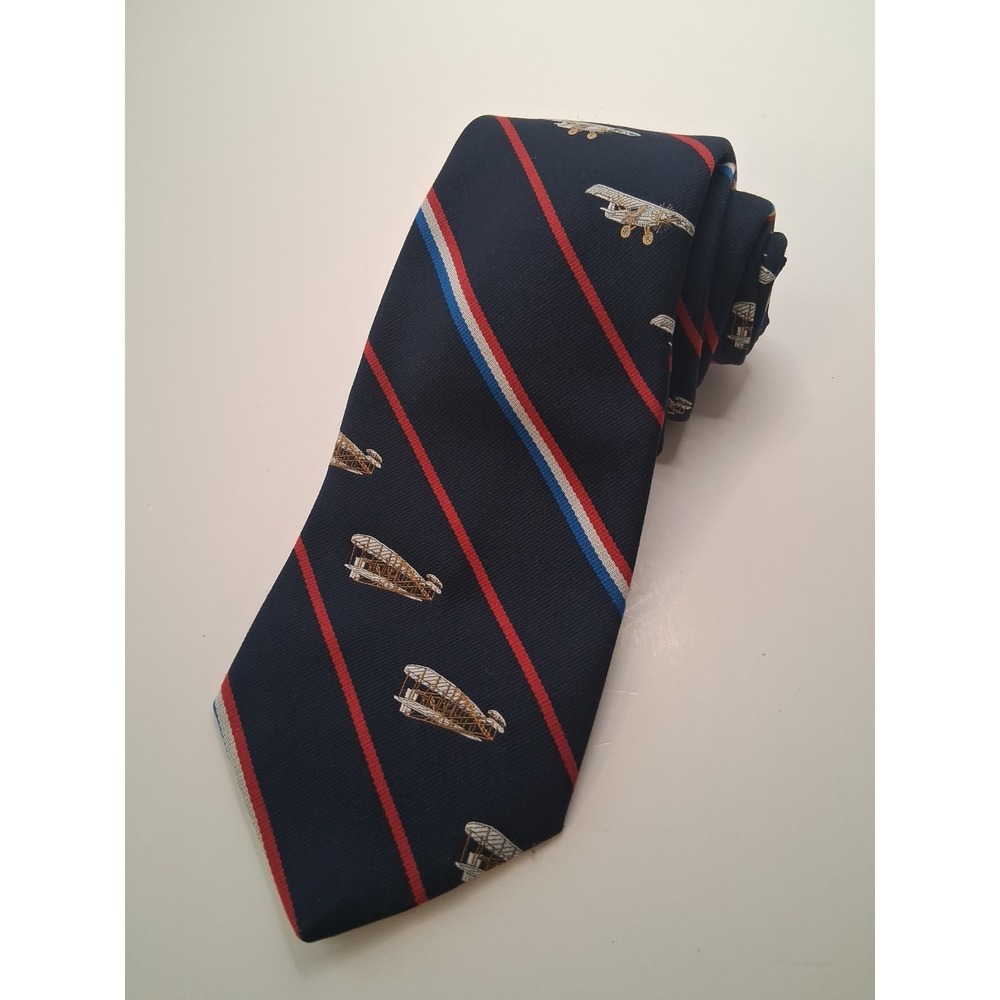 Smithsonian Institution Prince Consort Men's Navy Biplane Stripe 58" Necktie VTG
